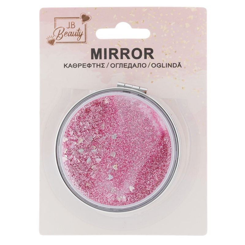 Ingrijire personala si Cosmetice - Machiaj - Oglinzi cosmetice - Oglinda de buzunar jb beauty, rotunda, 7cm, argintie, glitter roz, doua fete - Infinity.ro