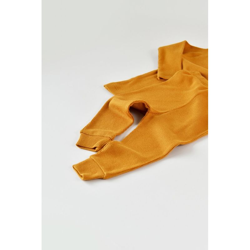 Fashion, accesorii si bijuterii - Copii - Imbracaminte copii - Body-uri copii - Set 3 piese: bluzita cu maneca lunga, pantaloni lungi si caciulita din bumbac organic si modal - Mustar BabyCosy (Marime: 12-18 - Infinity.ro