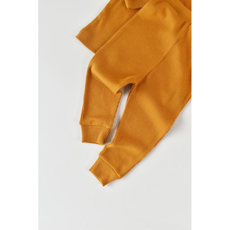 Fashion, accesorii si bijuterii - Copii - Imbracaminte copii - Treninguri si compleuri copii - Set 3 piese: bluzita cu maneca lunga, pantaloni lungi si caciulita din bumbac organic si modal - Mustar BabyCosy (Marime: 6-9 lu - Infinity.ro