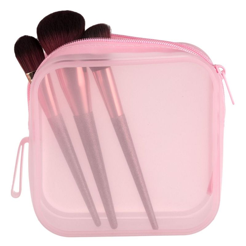 Ingrijire personala si Cosmetice - Machiaj - Portfarduri si genti cosmetice - Portfard silicon, transparent cu maner, culoare roz, dimensiuni 14 x 5 x 14 cm - Infinity.ro