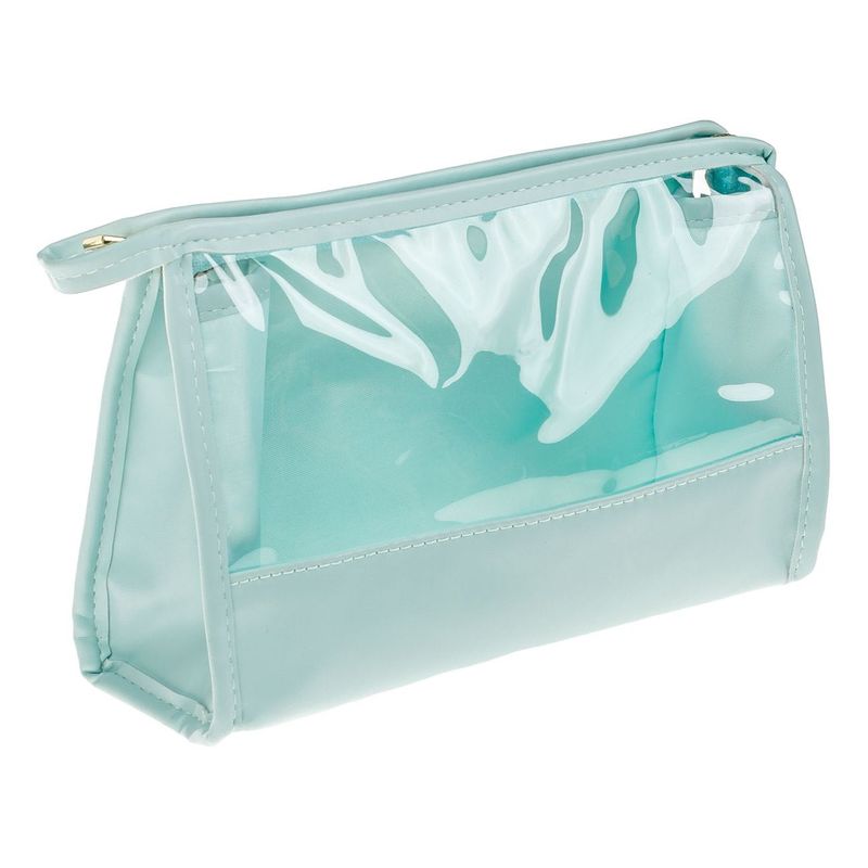 Ingrijire personala si Cosmetice - Machiaj - Portfarduri si genti cosmetice - Portfard, turcoaz, transparent, fermoar auriu, dimensiuni 21.5 x 6 x 14cm - Infinity.ro