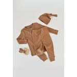 Fashion, accesorii si bijuterii - Copii - Imbracaminte copii - Treninguri si compleuri copii - Set 3 piese: bluzita cu maneca lunga, pantaloni lungi si caciulita din bumbac organic si modal - Maro, BabyCosy (Marime: 12-18 L - Infinity.ro