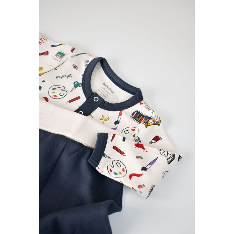 Fashion, accesorii si bijuterii - Copii - Imbracaminte copii - Treninguri si compleuri copii - Set bluzita cu maneca lunga si nasturei si pantaloni lungi, 100% bumbac organic, BabyCosy, Bleumarin (Marime: 3-6 Luni) - Infinity.ro