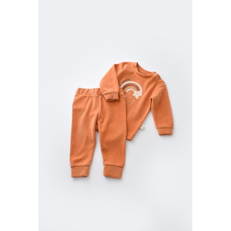Fashion, accesorii si bijuterii - Copii - Imbracaminte copii - Treninguri si compleuri copii - Set Curcubeu cu bluzita cu maneca lunga si pantaloni lungi din 80%bumbac organic si 20% poliester - Portocaliu, BabyCosy (Marime - Infinity.ro