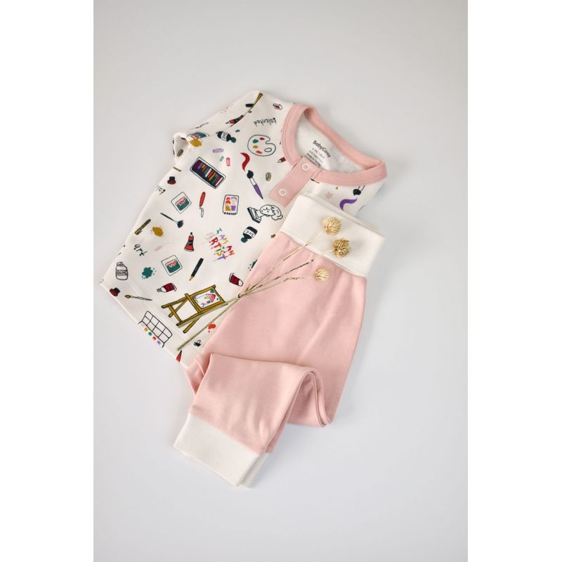 Fashion, accesorii si bijuterii - Copii - Imbracaminte copii - Treninguri si compleuri copii - Set bluzita cu maneca lunga si nasturei si pantaloni lungi, 100% bumbac organic, BabyCosy, Pudra (Marime: 3-6 Luni) - Infinity.ro