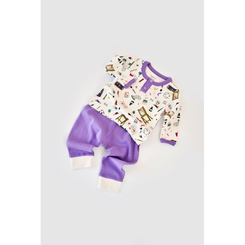 Fashion, accesorii si bijuterii - Copii - Imbracaminte copii - Treninguri si compleuri copii - Set bluzita cu maneca lunga si nasturei si pantaloni lungi, 100% bumbac organic, BabyCosy, Mov (Marime: 9-12 luni) - Infinity.ro