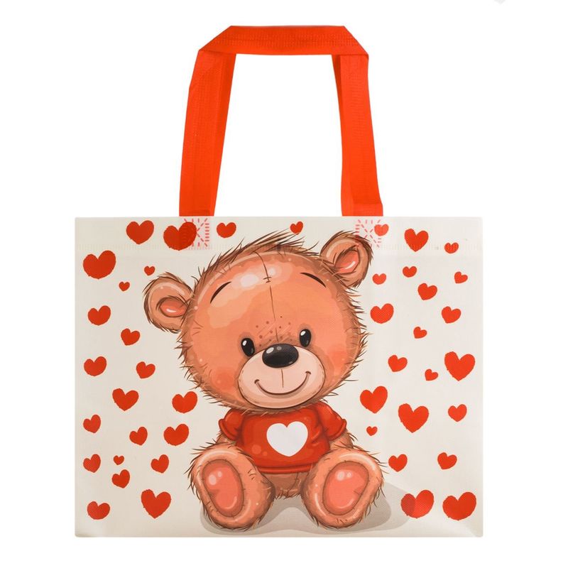 Market - Cadouri - Pungi cadou si accesorii - Sacosa reutilizabila pp, model ursulet cu inimi, manere rosii tesute, dimensiuni 31 x 16 x 25cm, bej/rosu - Infinity.ro