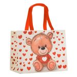 Market - Cadouri - Pungi cadou si accesorii - Sacosa reutilizabila pp, model ursulet cu inimi, manere rosii tesute, dimensiuni 31 x 16 x 25cm, bej/rosu - Infinity.ro