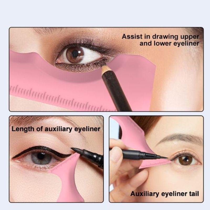 Ingrijire personala si Cosmetice - Machiaj - Accesorii machiaj - Sablon multifunctional 5 in 1 din silicon pentru makeup ochi, fata, sprancene, buze, 149.4x41.4x8 mm, Roz - Infinity.ro