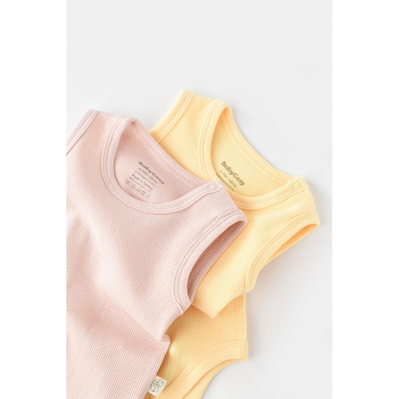 Fashion, accesorii si bijuterii - Copii - Imbracaminte copii - Body-uri copii - Set 2 body-uri fara maneci bebe unisex -100% bumbac organic - Galben/Roz, BabyCosy (Marime: 18-24 Luni) - Infinity.ro