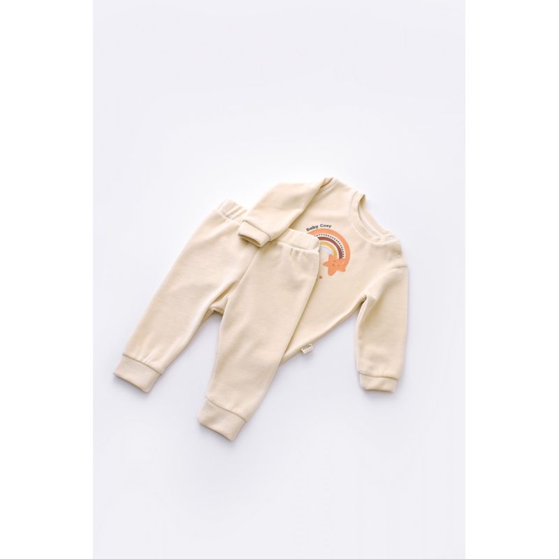 Fashion, accesorii si bijuterii - Copii - Imbracaminte copii - Treninguri si compleuri copii - Set Curcubeu cu bluzita cu maneca lunga si pantaloni lungi din 80%bumbac organic si 20% poliester - Crem, BabyCosy (Marime: 18-2 - Infinity.ro