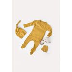 Fashion, accesorii si bijuterii - Copii - Imbracaminte copii - Treninguri si compleuri copii - Set 4 piese: bluza, pantaloni, caciulita si manusi din bumbac organic si modal - Mustar, BabyCosy (Marime: 6-9 luni) - Infinity.ro