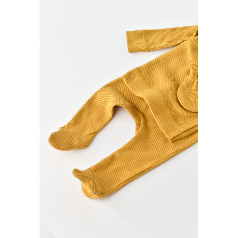 Fashion, accesorii si bijuterii - Copii - Imbracaminte copii - Treninguri si compleuri copii - Set 4 piese: bluza, pantaloni, caciulita si manusi din bumbac organic si modal - Mustar, BabyCosy (Marime: 6-9 luni) - Infinity.ro
