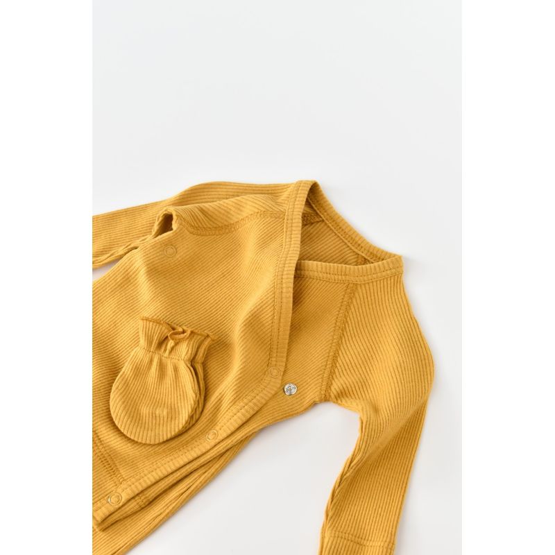 Fashion, accesorii si bijuterii - Copii - Imbracaminte copii - Treninguri si compleuri copii - Set 4 piese: bluza, pantaloni, caciulita si manusi din bumbac organic si modal - Mustar, BabyCosy (Marime: 6-9 luni) - Infinity.ro