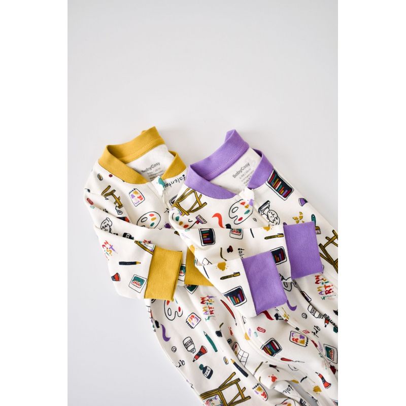 Fashion, accesorii si bijuterii - Copii - Imbracaminte copii - Salopete copii - Set 2 salopetele cu maneca lunga si pantaloni lungi cu fermoar - 100%bumbac organic - Galben si Mov, BabyCosy (Marime: 9-12 luni - Infinity.ro