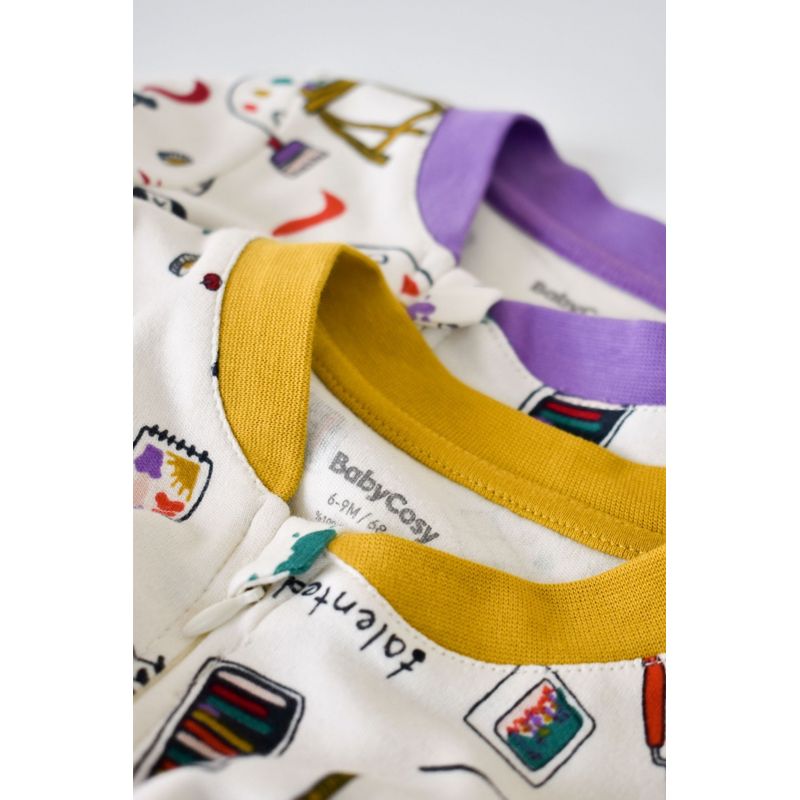 Fashion, accesorii si bijuterii - Copii - Imbracaminte copii - Salopete copii - Set 2 salopetele cu maneca lunga si pantaloni lungi cu fermoar - 100%bumbac organic - Galben si Mov, BabyCosy (Marime: 9-12 luni - Infinity.ro