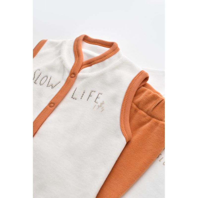Fashion, accesorii si bijuterii - Copii - Imbracaminte copii - Treninguri si compleuri copii - Set 3 piese Broscuta cu body, pantalonasi si vestuta din 80%bumbac organic si 20% poliester - Portocaliu, BabyCosy (Marime: 18-2 - Infinity.ro