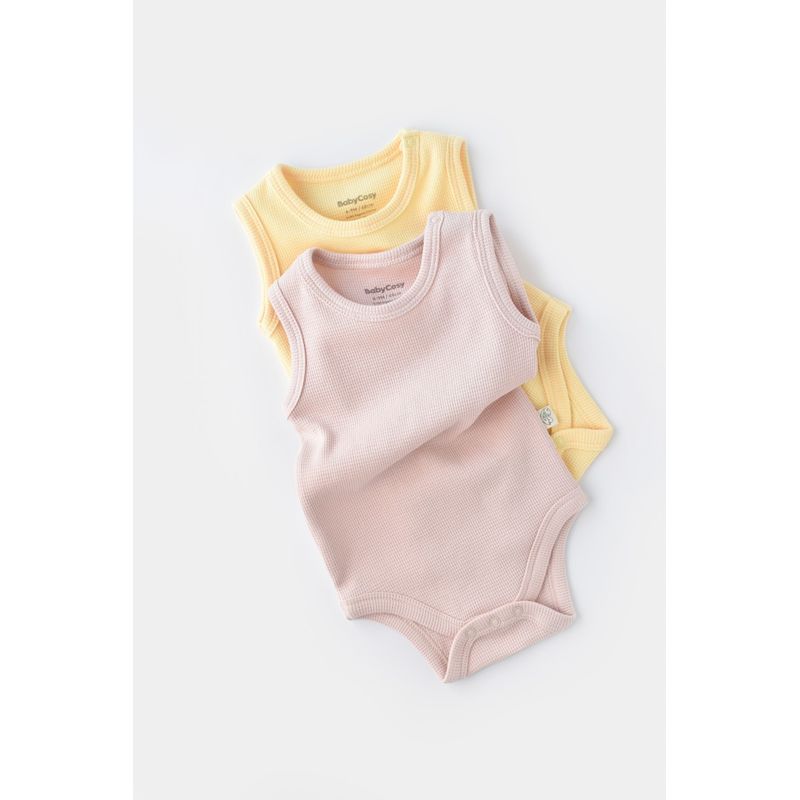 Fashion, accesorii si bijuterii - Copii - Imbracaminte copii - Body-uri copii - Set 2 body-uri fara maneci bebe unisex -100% bumbac organic - Galben/Roz, BabyCosy (Marime: 9-12 luni) - Infinity.ro