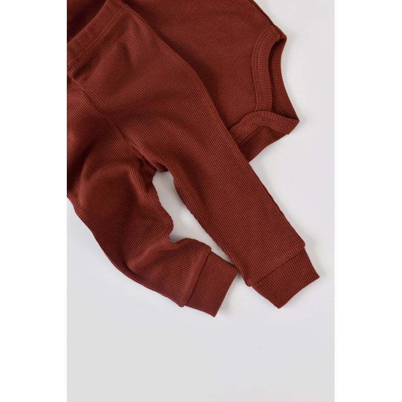 Fashion, accesorii si bijuterii - Copii - Imbracaminte copii - Treninguri si compleuri copii - Set 3 piese: body cu maneca lunga, pantaloni lungi si caciulita din bumbac organic si modal - Caramiziu, BabyCosy (Marime: 18-24 - Infinity.ro