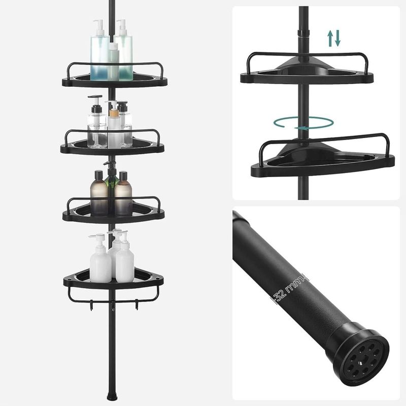 Casa si Gradina - Mobilier - Mobilier baie - Etajere baie - Raft pentru baie/dus, de colt, Artool, reglabil, otel si PP, 4 rafturi, negru, 85-305 cm - Infinity.ro