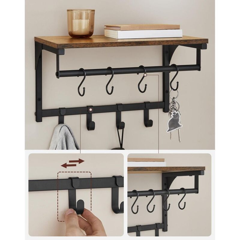 Casa si Gradina - Mobilier - Organizare si depozitare - Cuiere - Cuier de perete cu raft, Artool, 8 carlige, otel, pal, negru si maro rustic, 40x24x24 cm - Infinity.ro