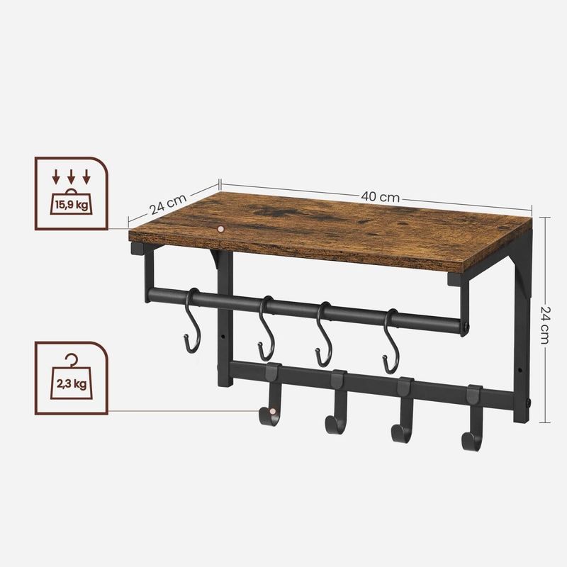 Casa si Gradina - Mobilier - Organizare si depozitare - Cuiere - Cuier de perete cu raft, Artool, 8 carlige, otel, pal, negru si maro rustic, 40x24x24 cm - Infinity.ro