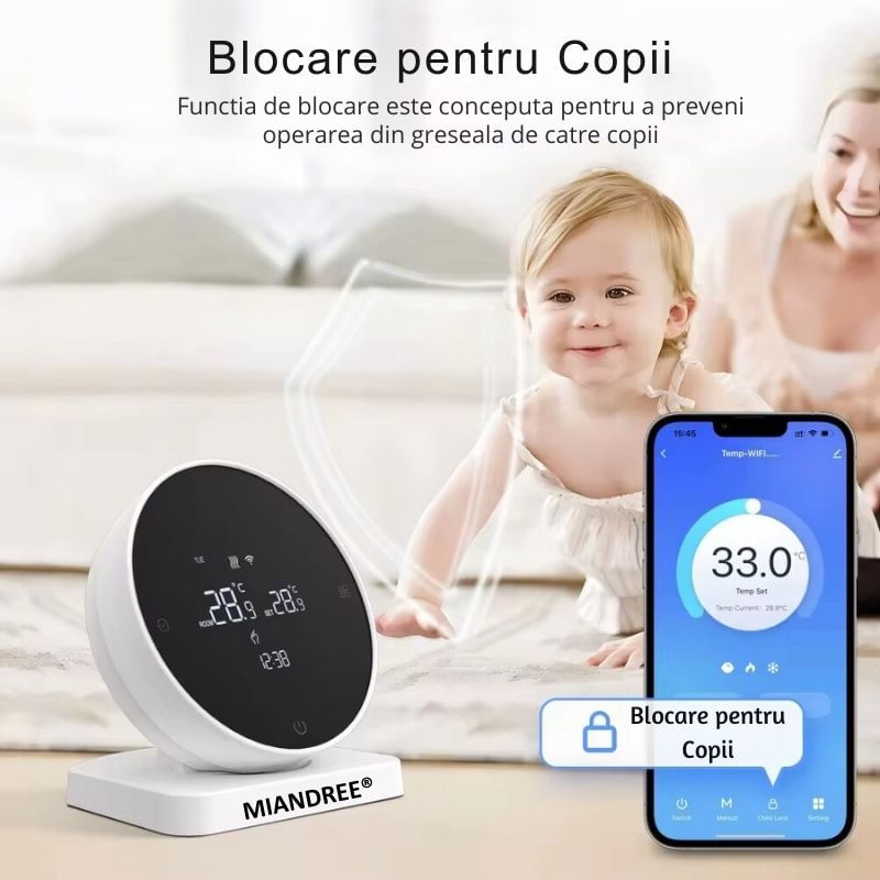 Casa si Gradina - Electrice - Smart Home - Centrale si module smart home - Termostat de Ambient Smart RF Wireless MIANDREE®, Programabil, Compatibil Orice Centrala Termica si Incalzire Pardoseala, Touchscreen, Tuya Smart Life, Alexa, Google - Infinity.ro