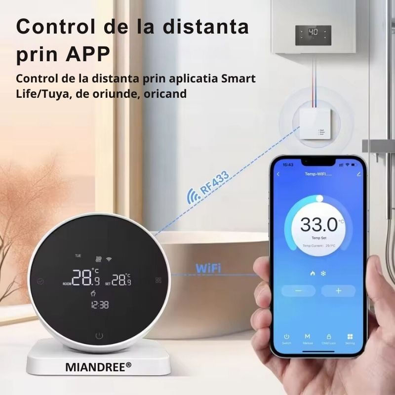 Casa si Gradina - Electrice - Smart Home - Centrale si module smart home - Termostat de Ambient Smart RF Wireless MIANDREE®, Programabil, Compatibil Orice Centrala Termica si Incalzire Pardoseala, Touchscreen, Tuya Smart Life, Alexa, Google - Infinity.ro
