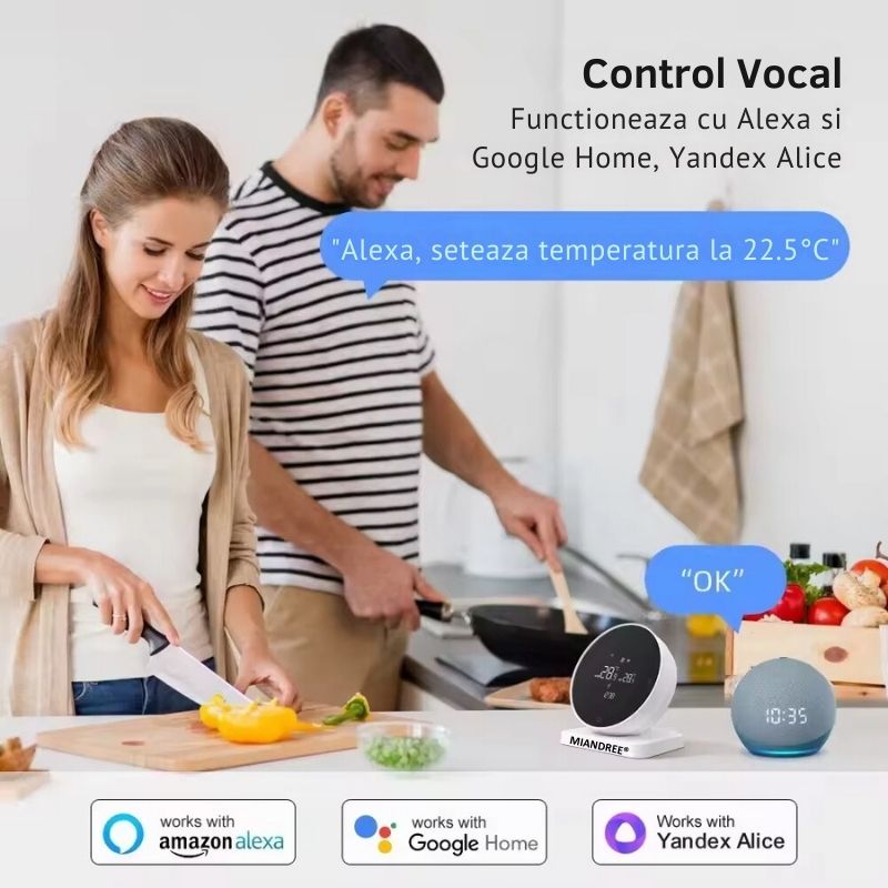 Casa si Gradina - Electrice - Smart Home - Centrale si module smart home - Termostat de Ambient Smart RF Wireless MIANDREE®, Programabil, Compatibil Orice Centrala Termica si Incalzire Pardoseala, Touchscreen, Tuya Smart Life, Alexa, Google - Infinity.ro
