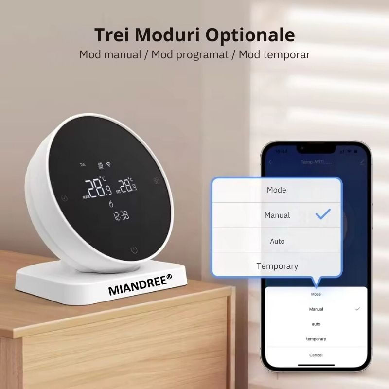 Casa si Gradina - Electrice - Smart Home - Centrale si module smart home - Termostat de Ambient Smart RF Wireless MIANDREE®, Programabil, Compatibil Orice Centrala Termica si Incalzire Pardoseala, Touchscreen, Tuya Smart Life, Alexa, Google - Infinity.ro