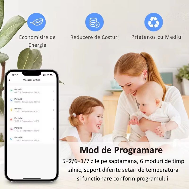 Casa si Gradina - Electrice - Smart Home - Centrale si module smart home - Termostat de Ambient Smart RF Wireless MIANDREE®, Programabil, Compatibil Orice Centrala Termica si Incalzire Pardoseala, Touchscreen, Tuya Smart Life, Alexa, Google - Infinity.ro