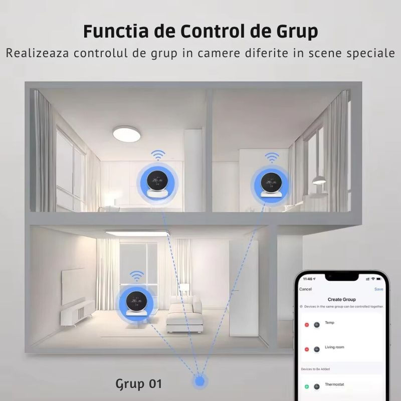 Casa si Gradina - Electrice - Smart Home - Centrale si module smart home - Termostat de Ambient Smart RF Wireless MIANDREE®, Programabil, Compatibil Orice Centrala Termica si Incalzire Pardoseala, Touchscreen, Tuya Smart Life, Alexa, Google - Infinity.ro