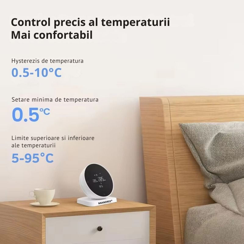 Casa si Gradina - Electrice - Smart Home - Centrale si module smart home - Termostat de Ambient Smart RF Wireless MIANDREE®, Programabil, Compatibil Orice Centrala Termica si Incalzire Pardoseala, Touchscreen, Tuya Smart Life, Alexa, Google - Infinity.ro