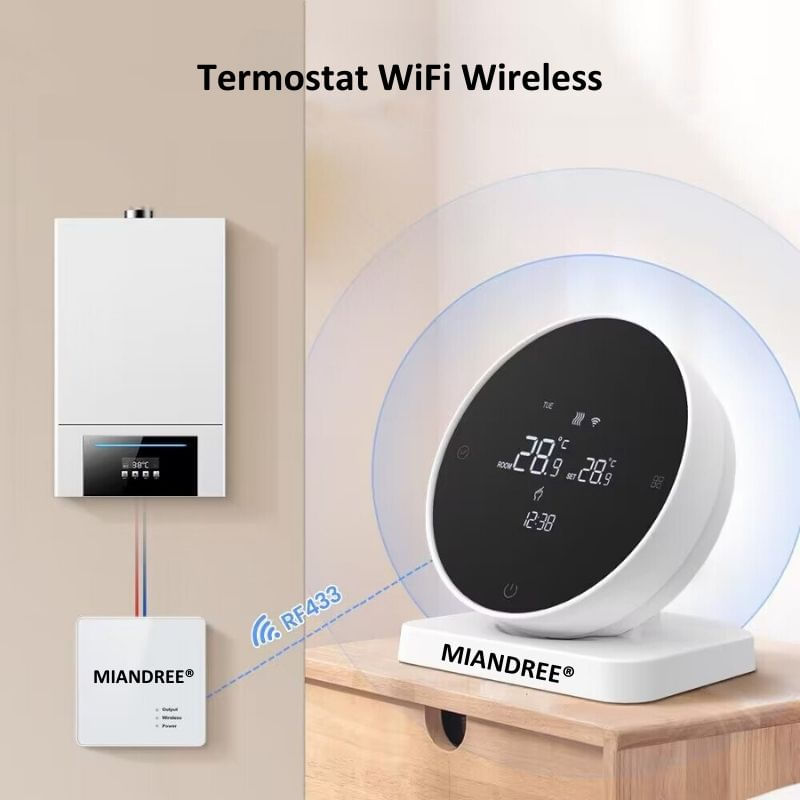 Casa si Gradina - Electrice - Smart Home - Centrale si module smart home - Termostat de Ambient Smart RF Wireless MIANDREE®, Programabil, Compatibil Orice Centrala Termica si Incalzire Pardoseala, Touchscreen, Tuya Smart Life, Alexa, Google - Infinity.ro