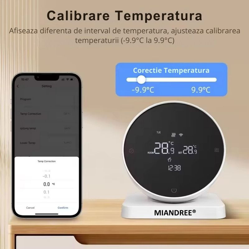 Casa si Gradina - Electrice - Smart Home - Centrale si module smart home - Termostat de Ambient Smart RF Wireless MIANDREE®, Programabil, Compatibil Orice Centrala Termica si Incalzire Pardoseala, Touchscreen, Tuya Smart Life, Alexa, Google - Infinity.ro