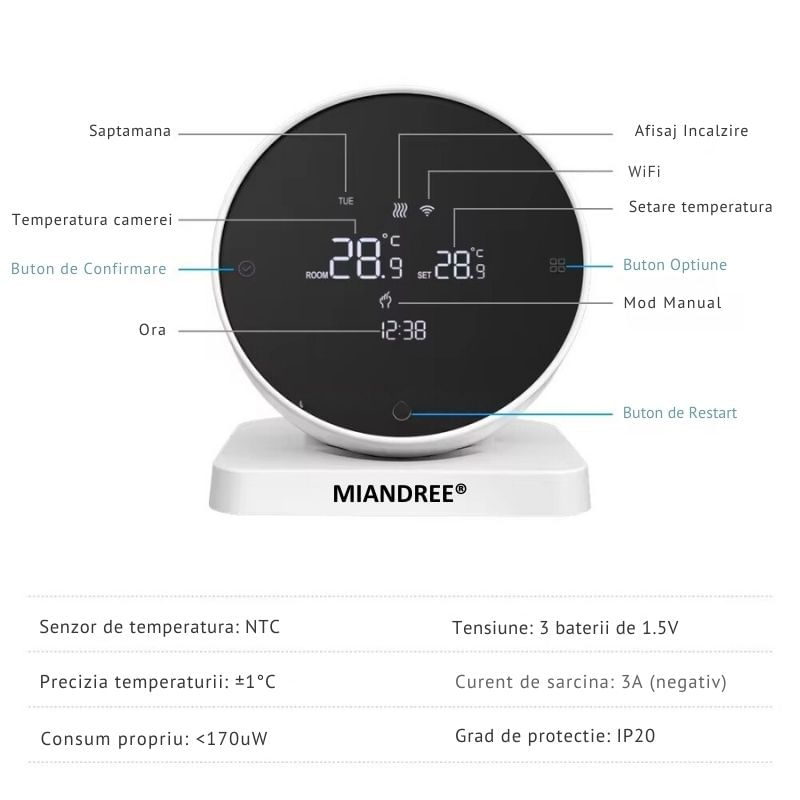 Casa si Gradina - Electrice - Smart Home - Centrale si module smart home - Termostat de Ambient Smart RF Wireless MIANDREE®, Programabil, Compatibil Orice Centrala Termica si Incalzire Pardoseala, Touchscreen, Tuya Smart Life, Alexa, Google - Infinity.ro