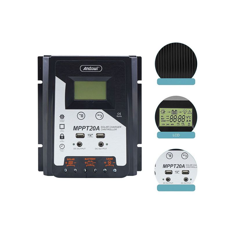 Casa si Gradina - Electrice - Panouri solare si accesorii - Accesorii panouri solare - Controller tensiune panou solar Andowl MPPT20A, 12/24V, afisaj LCD, MPPT 20A, negru - Infinity.ro
