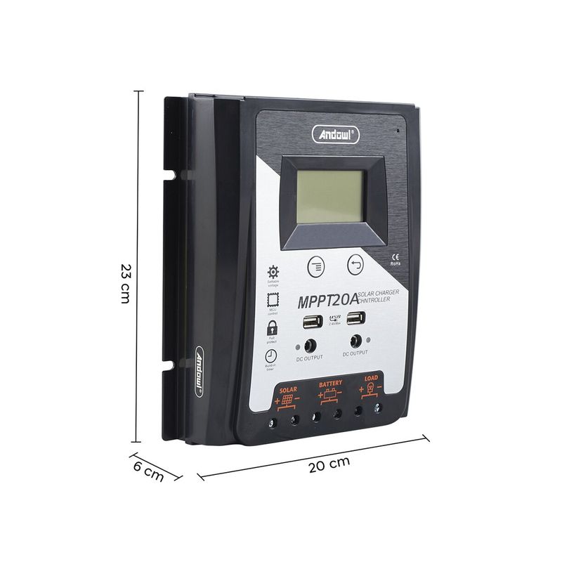 Casa si Gradina - Electrice - Panouri solare si accesorii - Accesorii panouri solare - Controller tensiune panou solar Andowl MPPT20A, 12/24V, afisaj LCD, MPPT 20A, negru - Infinity.ro