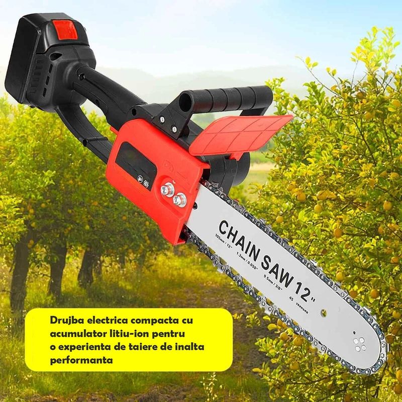 Casa si Gradina - Constructii - Scule electrice si accesorii - Fierastraie electrice - Drujba electrica cu lant, putere 1200W, 2 Acumulatori de 48V, 4200rpm, rosu-negru - Infinity.ro