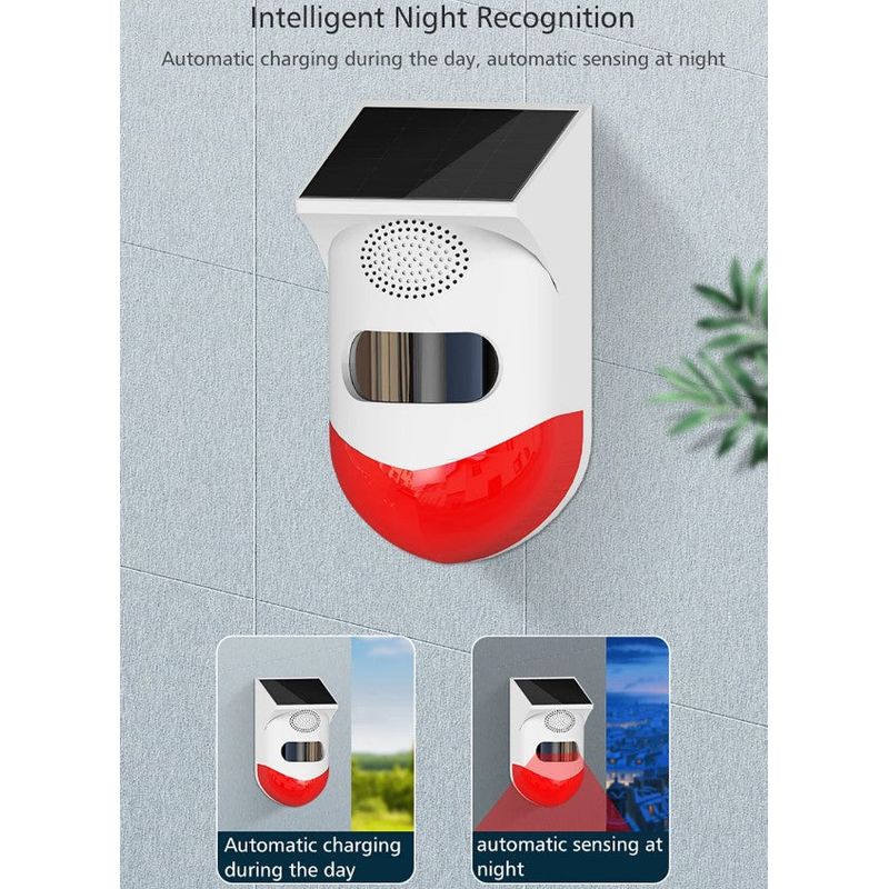 Casa si Gradina - Electrice - Smart Home - Alarme si accesorii - Alarma cu detector de miscare PIR, incarcare solara sau USB, IP65, cu telecomanda, control din aplicatie, alb-rosu - Infinity.ro