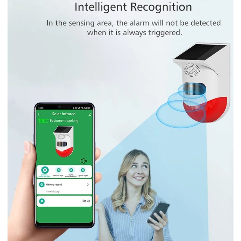 Casa si Gradina - Electrice - Smart Home - Alarme si accesorii - Alarma cu detector de miscare PIR, incarcare solara sau USB, IP65, cu telecomanda, control din aplicatie, alb-rosu - Infinity.ro