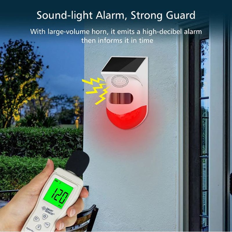 Casa si Gradina - Electrice - Smart Home - Alarme si accesorii - Alarma cu detector de miscare PIR, incarcare solara sau USB, IP65, cu telecomanda, control din aplicatie, alb-rosu - Infinity.ro