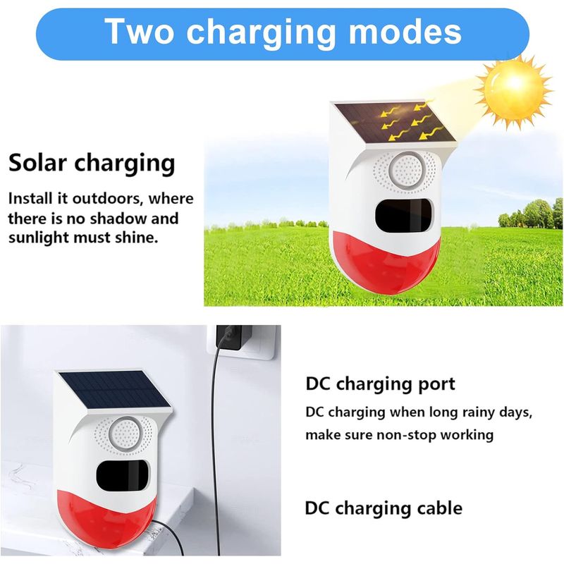 Casa si Gradina - Electrice - Smart Home - Alarme si accesorii - Alarma cu detector de miscare PIR, incarcare solara sau USB, IP65, cu telecomanda, control din aplicatie, alb-rosu - Infinity.ro