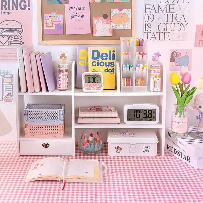 Casa si Gradina - Mobilier - Biblioteci si rafturi - Etajere - Etajeta pentru Birou, cu 6 Compartimente si un Sertar, PVC, 55x14x34cm, Alb - Infinity.ro