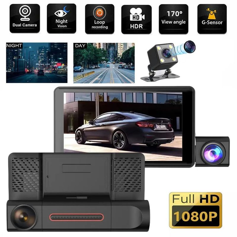 Auto si Moto - Electronice auto - Camere auto si DVR - Camera Tripla Auto DVR, Display 4", Full HD 1080p, Unghi de 170°, Negru - Infinity.ro
