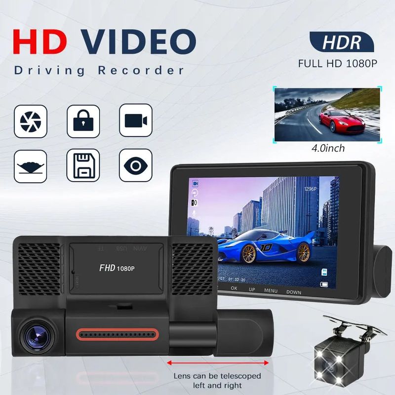 Auto si Moto - Electronice auto - Camere auto si DVR - Camera Tripla Auto DVR, Display 4", Full HD 1080p, Unghi de 170°, Negru - Infinity.ro