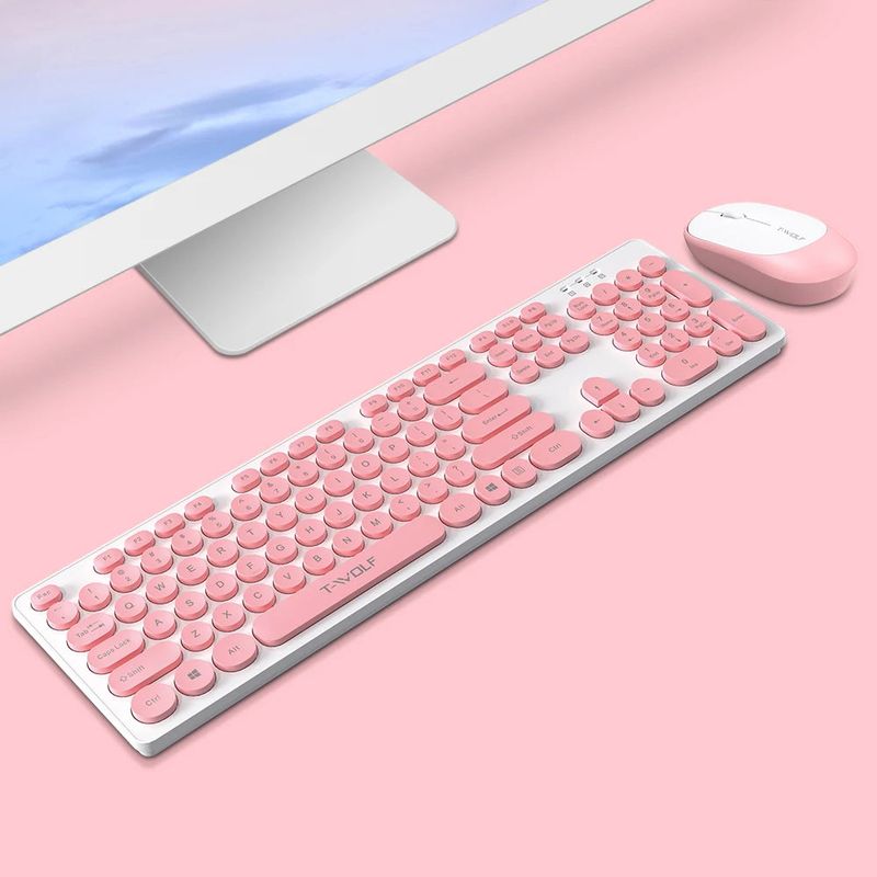 PC, gaming si accesorii/Periferice PC/Tastaturi - Kit tastatura si mouse Wireless, Universale, Roz-Alb - Infinity.ro