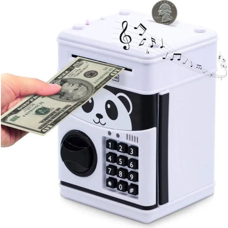 Carti si Birotica - Birotica - Accesorii de birou - Pusculite - Pusculita Panda pentru copii 3 ani+, cu functie ATM, cod pin si seif, alb cu negru - Infinity.ro