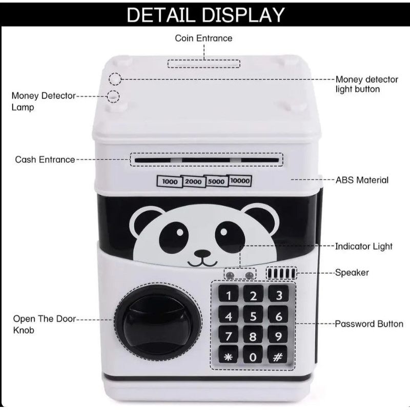 Carti si Birotica - Birotica - Accesorii de birou - Pusculite - Pusculita Panda pentru copii 3 ani+, cu functie ATM, cod pin si seif, alb cu negru - Infinity.ro