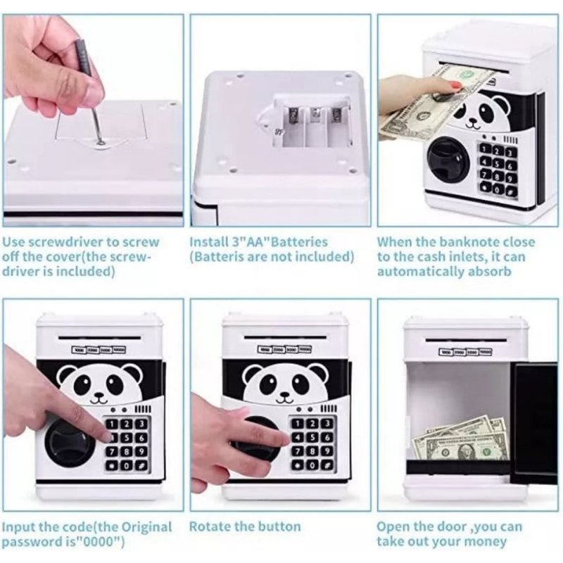 Carti si Birotica - Birotica - Accesorii de birou - Pusculite - Pusculita Panda pentru copii 3 ani+, cu functie ATM, cod pin si seif, alb cu negru - Infinity.ro